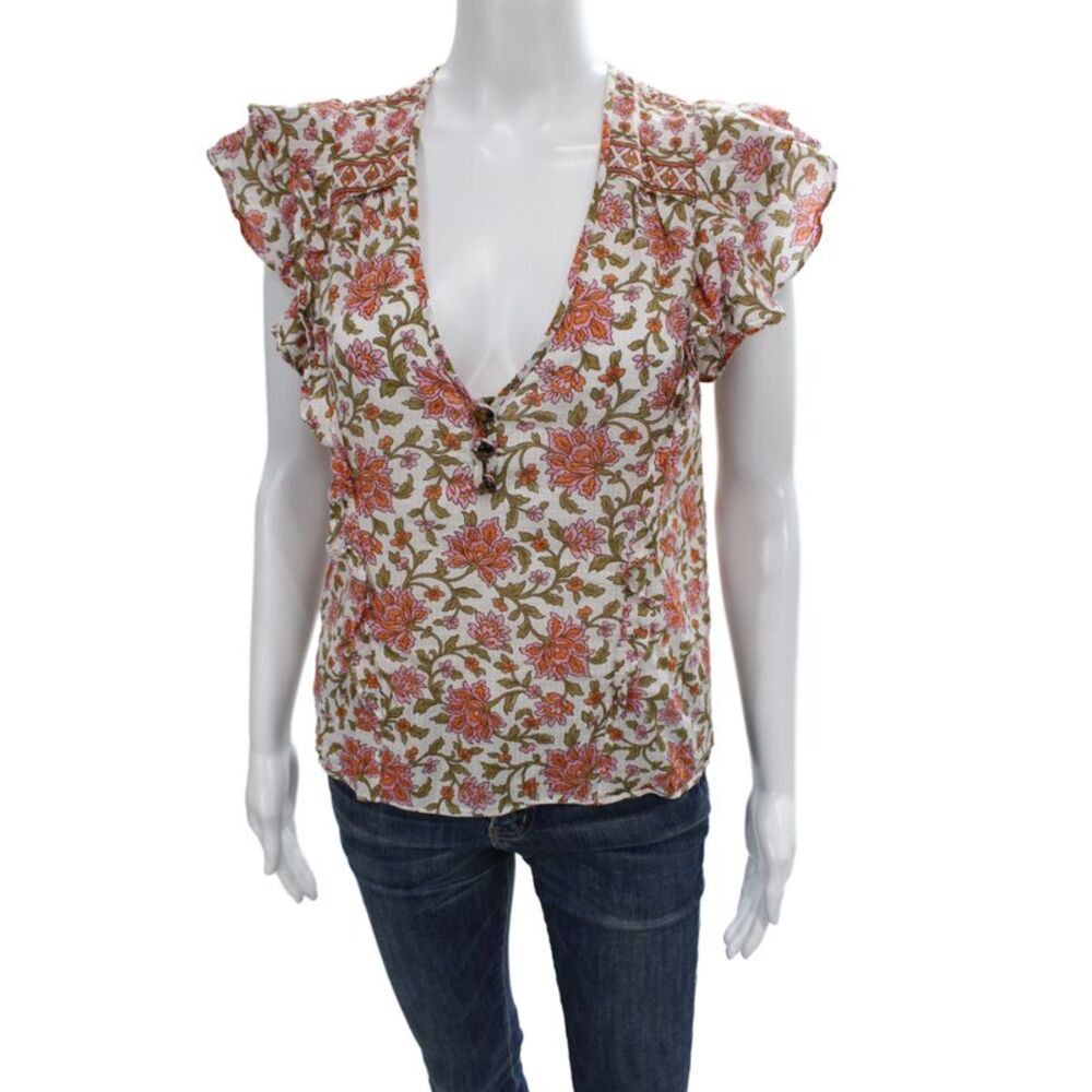 Veronica Beard Womens Floral V Neck Cotton Short Sleeve Blouse Button Size 2